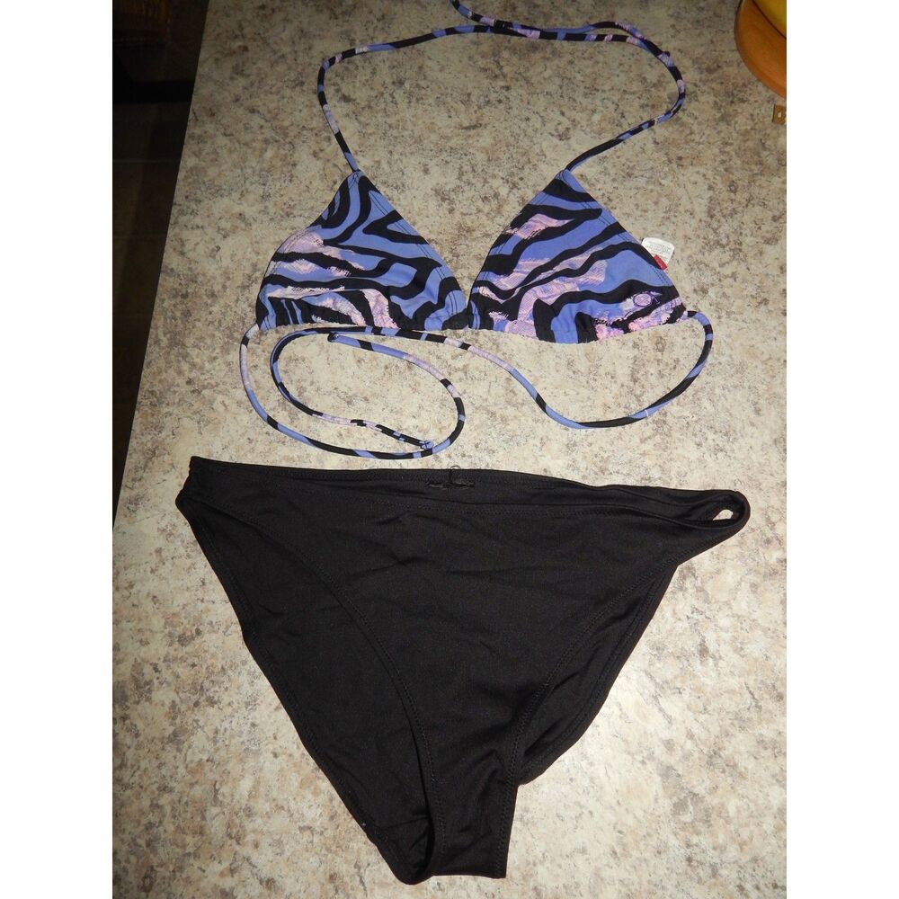 OP juniors medium 7/9 purple pink animal stripe bikini top with black bottoms